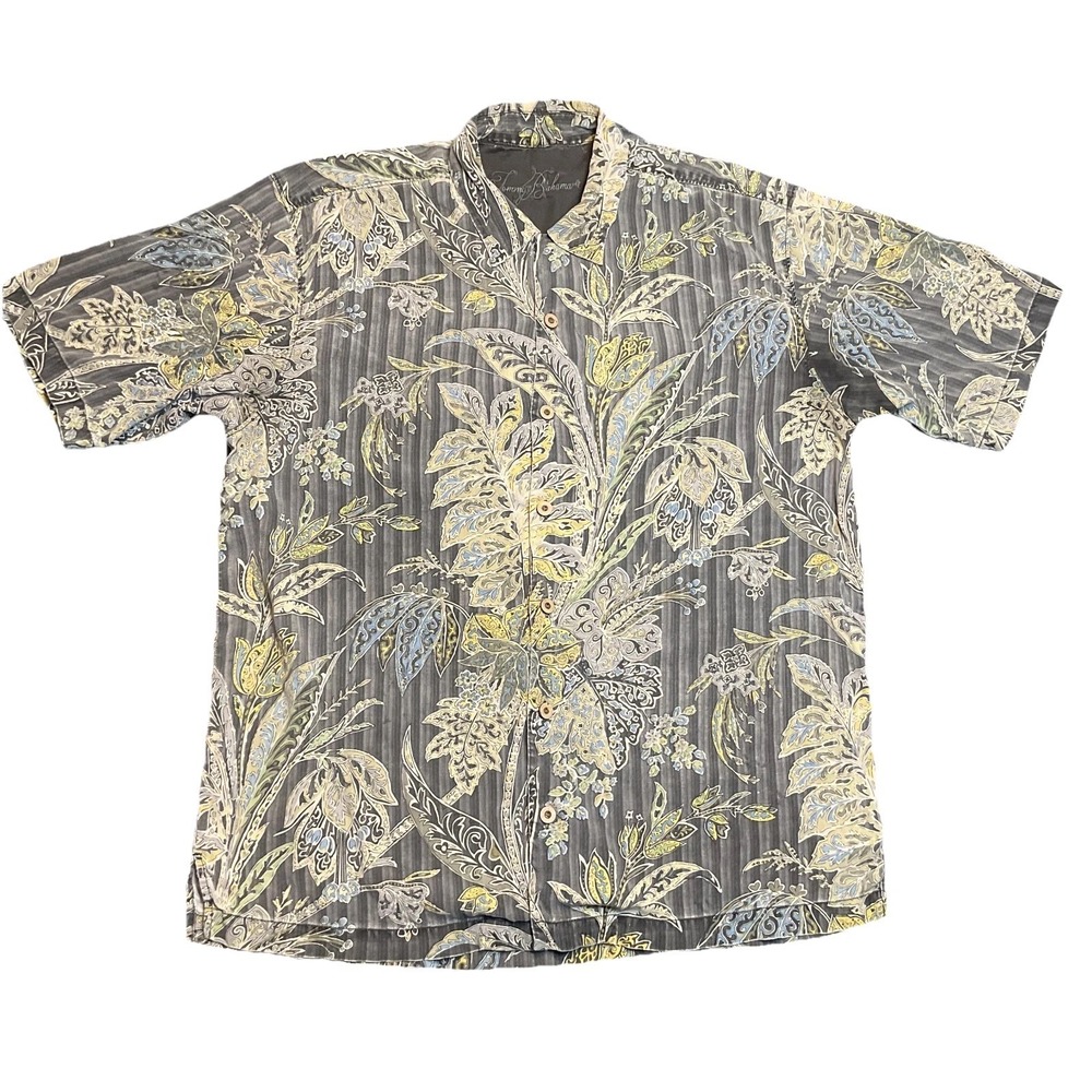Tommy Bahama Hawaiian Shirt Men L Multicolor Gray Silk Tropical Floral Button-Up